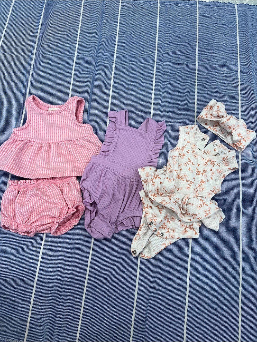 Girls Pink Set, Lavender Ruffle Romper & Floral Cream Onesie with Headband